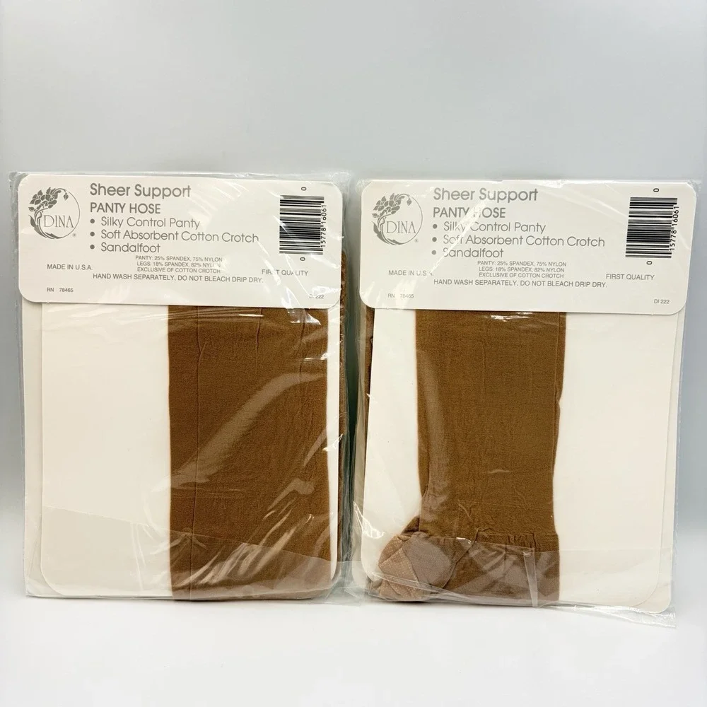 2 - Sheer Support Pantyhose By Dina Beige Queen Size 5'3 & Over 150-240 Lbs USA